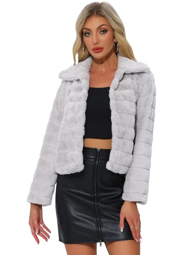 Allegra K Chaqueta corta de invierno cálida de piel sintética con cuello de abrigo para mujer, Gris,claro, Large