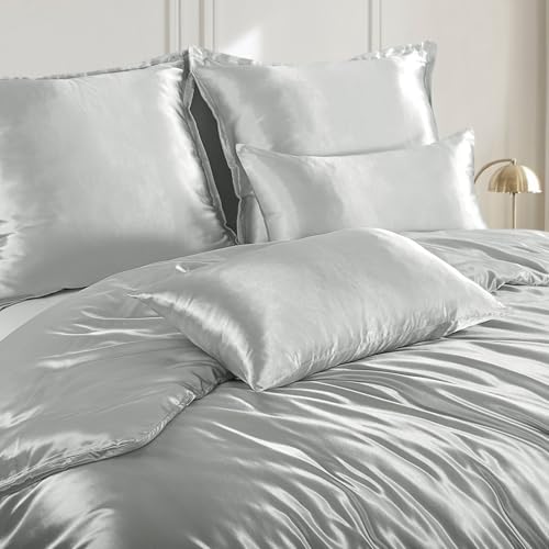 RUIKASI Satin Bettwäsche 140x200 Grau - Luxus Bettbezug mit Glanz wie Seiden Bettwäsche Set Hellgrau für Haar und Haut… – Ansicht 3