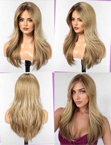 WOKESTAR Natural Long Wigs for Women with Fringe Synthetic Heat Resistant Hair Ombre Blonde Wig for Daily Party Cosplay Use - Image 3