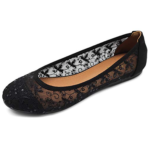 Women's Lace Ballet Flats with Dots and Floral Design