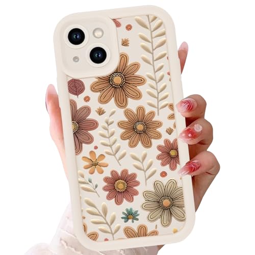 Foonary Coque pour iPhone 15, Étui avec Aesthetic Fleurs Motif Dessin Fille Femme Housse, Souple Silicone TPU Bumper Cover Antichoc Anti-Rayures Protection Case pour iPhone 15 6,1", Beige