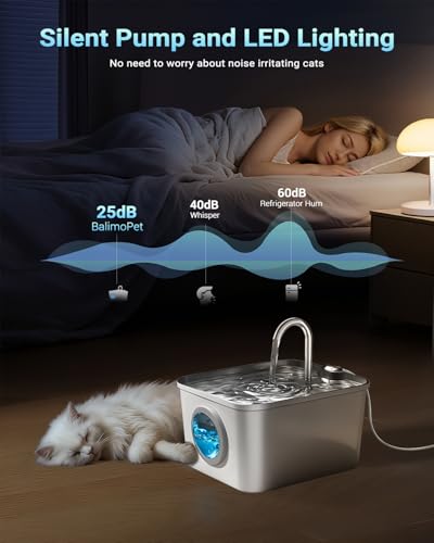 Fontanella Per Gatti Acciaio Inox: 2,6L Fontana Per Gatti, Ultra Silenzioso, Quadruplo Filtrazione, Cavo Automatico Fontanella Gatto Con Rubinetto 3 Filtri E 3 Spugne Led, Facile Da Pulire - 4