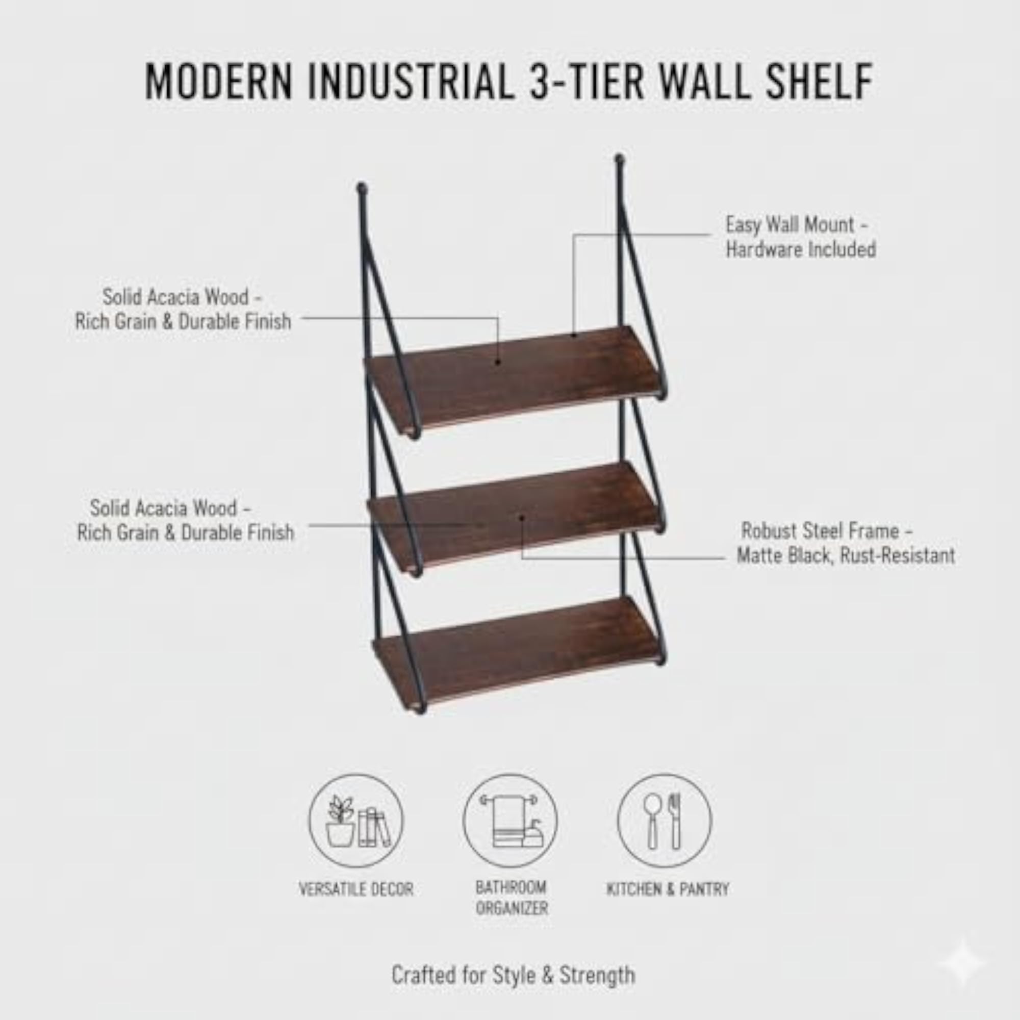 Wall Shelf for Home Decor, Solid Wood & Steel Hanging Storage Organizer