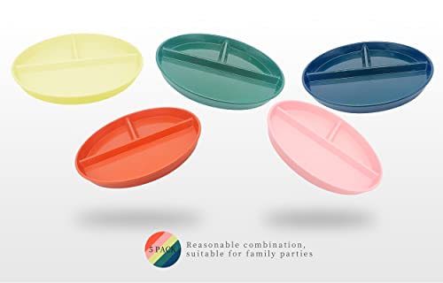 Compartmentalized Dinner Plate Set Of 5 Unbreakable Portion Control Wheat Plastic Dinner Plate (Compartmentalized Plate / Picnic Plate) 9 Inches Colorful Round, Reusable, Suitable For Children #TOP4