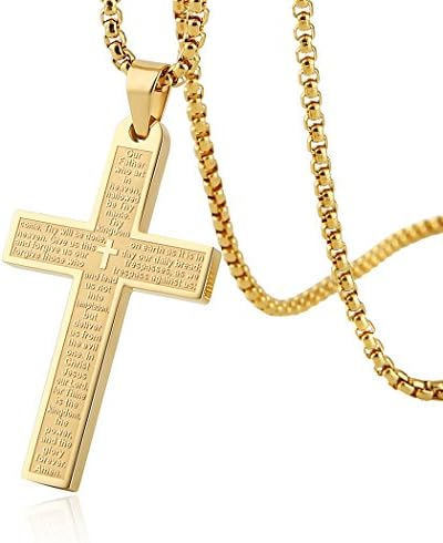 HZMAN Stainless Steel Mens Womens Cross Necklace Lord's Prayer Pendant, 4 Colors Available