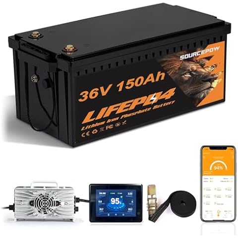 36V 150Ah Lithium Golf Cart Battery, 36 Volt 150Ah LiFePO4 Battery, Built-in Bluetooth 200A BMS, with 43.8V 25A Lithium Battery Charger, Peak Current 1000A Perfect for Golf Carts, Trolling Motor Cover
