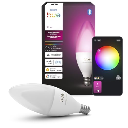 Image of Philips Hue Smart LED Candle Bulb, B39, E12, 1 Pack, White and Color Ambiance, Full Spectrum Light 1000K-20000K, 470 lm, Ultra-Low Dimming, Chromasync, Alexa, Google Home, Apple Home