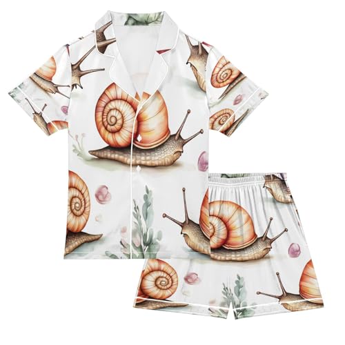 Satin Pajama Sets Short Sleeve Cute Snail Pattern Print Button Down Silky Nightwear 2 Piece PJS 5-14Y