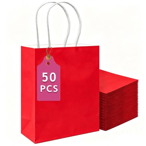 qiqee 50-Packs Red Paper Gift Bags with Handles Bulk 13"x10.3"x4.6" Large Size Party Favor Bags Multiple Uses