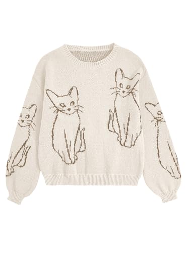 WDIRARA Women's Cartoon Cat Bishop Long Sleeve Round Neck Sweater Drop Shoulder Pullover Tops