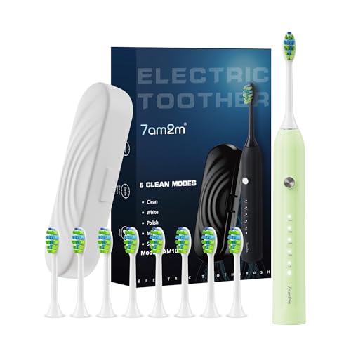 7AM2M Sonic Electric Toothbrush for Adults and Kids, with 6 Brush Heads, 5 Modes with 2 Minutes Build in Smart Timer, Roman Column Handle Design (Light Green, 1 Count (Pack of 1))