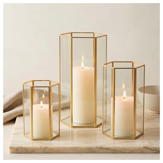 Glass Hurricane Candle Holder, Set of 3 Large Clear Hexagon Lanterns Pillar Candle Lantern with Gold Metal Frame Wedding Centerpiece Table Decor Home Decorations