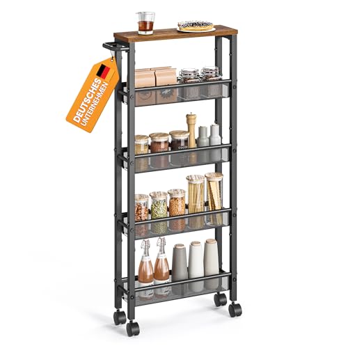 VASAGLE Rollwagen 5 Ebenen, Küchenwagen schmal, Nischenregal auf Rollen, Stahl, Griff, für kleine Räume, 13 x 45,4 x 99,6 cm, Küche, Bad, Wohnzimmer, Arbeitszimmer, vintagebraun-schwarz LRC034B01