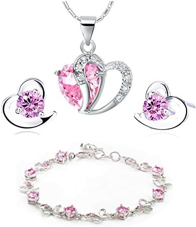 kaguyo love heart jewellery set silver necklace silver earrings silver bracelets Amethyst red pink blue white Crystal Heart Silver pendant Necklace + stud earrings sets gift for women girls with jewellery box silver chain