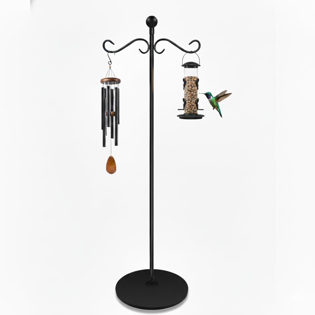 58 Inch Double Shepherds Hooks for Outdoor Indoor with Round Base Stand, Adjustable Shepherds Hook for Bird Feeder, Wind Chime, Solar Light for Garden Patio Home Decor