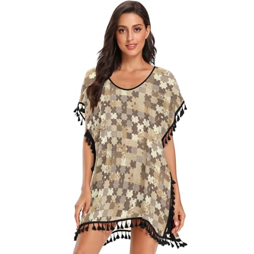 Maillot de bain pied-de-poule marron une pièce rétro chic pour femme ronde