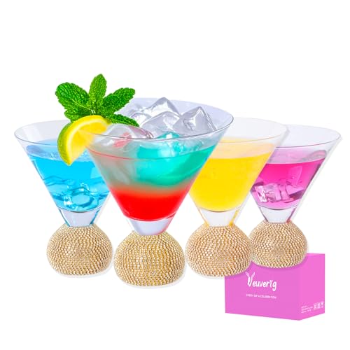 Veuverig 4.5in Width,Stemless Martini Glasses set of 4,10 Oz Lead-Free Clear Crystal Cocktail Glasses,Hand Blown Glassware,for Wedding,Cocktail Party, Birthday,Gifts Women (Gold Cocktail glass)