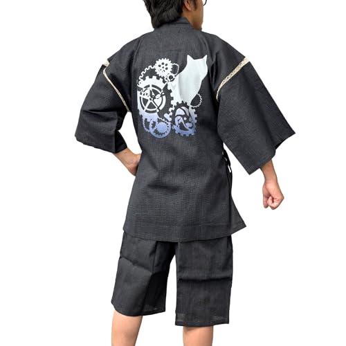 [江戸てん] 甚平 しじら織り 涼しい 夏 綿100％ 捺染プリントオリジナル柄 メンズ 猫と歯車 グレー M