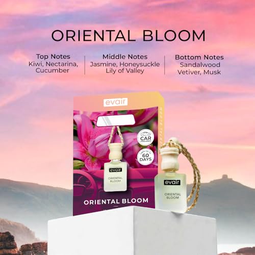 Image of Evair Oriental Bloom Car Air Freshener | Hanging Car Perfume | Premium Car Fresheners | Car Aroma with Essential Oils| Hanging Perfume for Car in Glass Bottle with Wooden Diffuser Lid (10ml, Pack-1)
