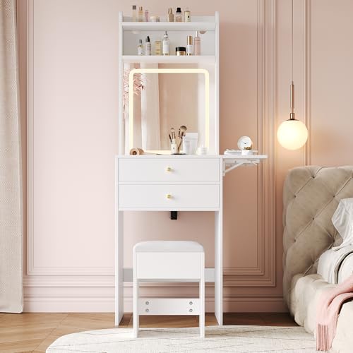 Mesa de maquillaje LED ajustable con taburete, 2 cajones y 2 estantes abiertos, parte superior plegable de 22 cm, acabado blanco, dimensiones: 75 x 156 x 45 cm, perfecto para belleza y almacenamiento.