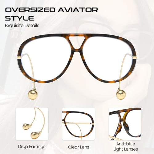 Image of SODQW Oversized Aviator Blue Light Blocking Glasses Women with Earring Trendy Large Big Double Bridge Designer Eyewear