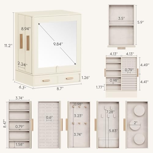 Lifewit Jewelry Box 360° Rotating, Large Adjustable Angle Mirror, Jewelry Storage Case with 6 Drawers, Open Design, Jewelry Organizer for Ring Necklace Earring Bracelet, Great Gift, Creamy White