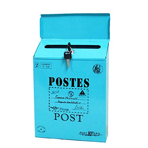 TentHome - Buzón de pared vintage con tapa y cerradura, color azul Cover