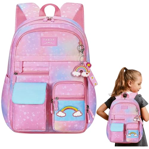 Mochila Escolar Infantil Kawaii Meninas Ensino Fundamental com Compartimentos Femininas Casuais Arco-íris Daypack (ROSA)