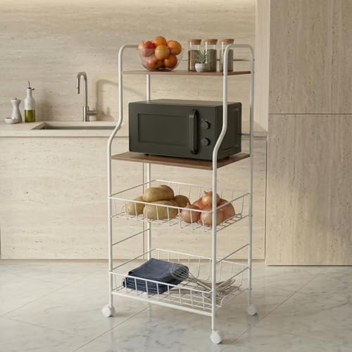Image of Lukzer 4-Tier Kitchen Storage Rack & Microwave Oven Stand with Wheels Engineered Wood Shelf & Metal Wire Basket Rolling Cart for Kitchen Pantry & Home Organizer (White & Oak Brown /41x56x126cm) CH-092