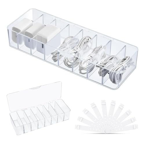 Yuqilin Cable Organizer,Organizadora Cables con Tapa Escritorio Caja Guarda 8 Compartimentos & 10 Bridas Caja Organizadora Transparente Plástico,para Almacenamiento Escritorio Oficina