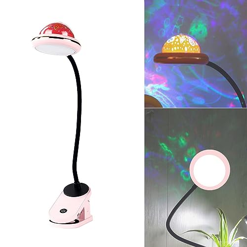 ACMHNC Klemmleuchte Bett Kinder, USB Aufladbare Led Klemmlampe Bett Leselampe klemme Mit Sternprojektion,Stern Clip on lamp, Sternprojektor Licht, Schwanenhals Nachttischlampe Touch-Dimmbare, Rosa