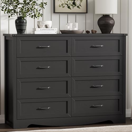 Image of Dresser for Bedroom with 8 Drawers, 54 inch Wide Wood Chest of Drawers with Deep Drawers & Mental Handle, Modern Dresser TV Stand, Wooden Closet Storage Organizer for Living Room, Hallway, Entryway, Black