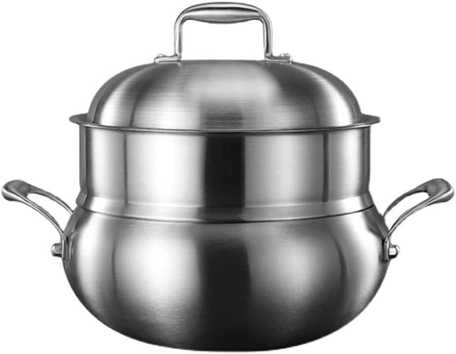 Stainless Steel Steamer Dual-purpose Thickened Two-layer Non-porous Uncoated Steamed Bun Soup Pot with Steamer(24cm)