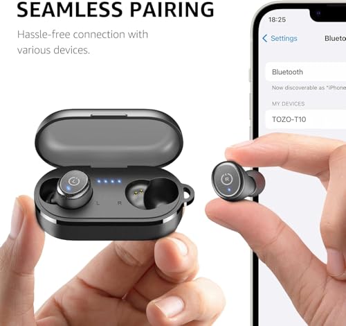 TOZO T10 Auriculares Inalámbricos Bluetooth 5.3 con Control Táctil ORIGX Acústico EQ Ajuste 45H Reproducción Soporta Carga Inalámbrica y USB Tipo C IPX8 Negro