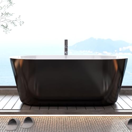59 in Acrylic Freestanding Bathtub, Contemporary Stand Alone Tub,Black Soaking Tub, Oval Bathtub with Chrome Overflow and Drain, CUPC Certified