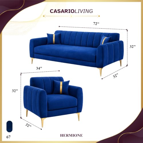 Image of Hermione Luxe Velvet-Suede Fabric 3 Seater + 1 Seater + 1 Seater Sofa Set | Golden Legs | Comfortable & Spacious Seating | Modern Sofa Set for Living Room - Dark Blue