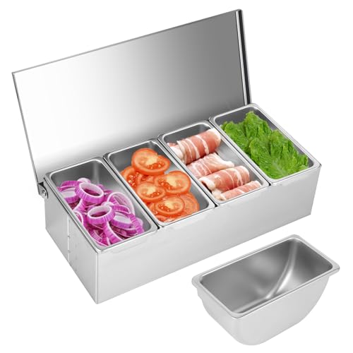 AshKiz Pizza Topping Station, Stainless Steel Pizza Topping Station with 4 Removable Containers for Salad Bar and Nacho Bar and Grill Table