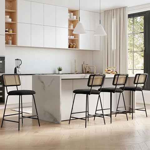 Hyfirm Set of 4 Bar Stools 26 Inch Counter Height, Rattan Barstools with Cane Back & Black Boucle… — $199.99 (20% off)