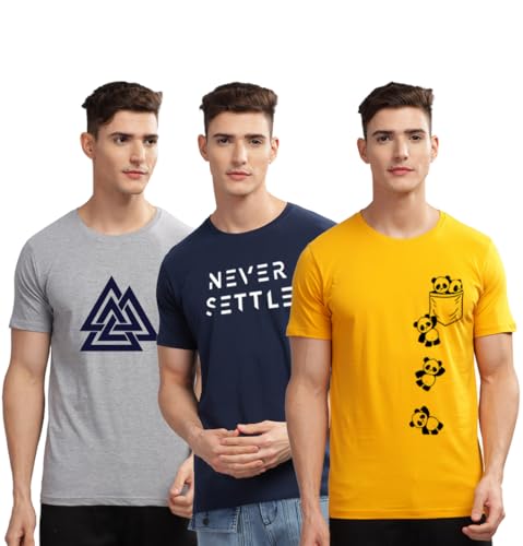 Image of ADRO 100% Cotton Lycra Tshirts for Men Combo Pack of 3 | Regular Fit | Printed T Shirt | Round Neck Half Sleeve| Mens Tshirts