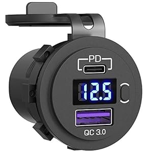 48W USB C Autolader Inbouw,Qidoe 12V/24V Dubbele USB-oplader PD3.0 en QC3.0 met LED Digitale Voltmeter en Schakelaar…