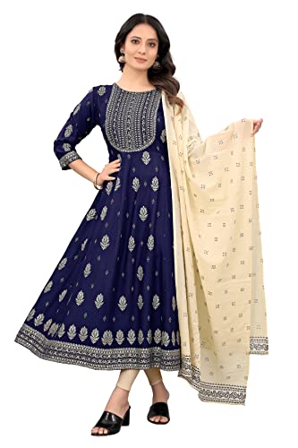DREAMANGEL FASHION Damen Rayon Boat Neck Gold Printed Solid Dress Anarkali Kurta with Dupatta, dunkelblau, 38 Cover