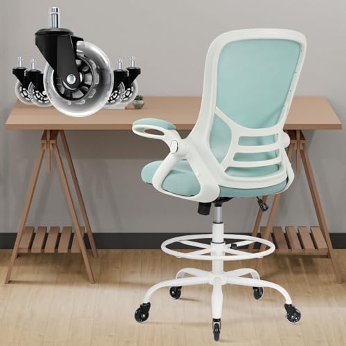 Image of HYLONE Drafting Chair Tall Office, Ergonomic Standing Desk Stool Adjustable Drafting Chair Big Tall Drafting Office Chair Blue