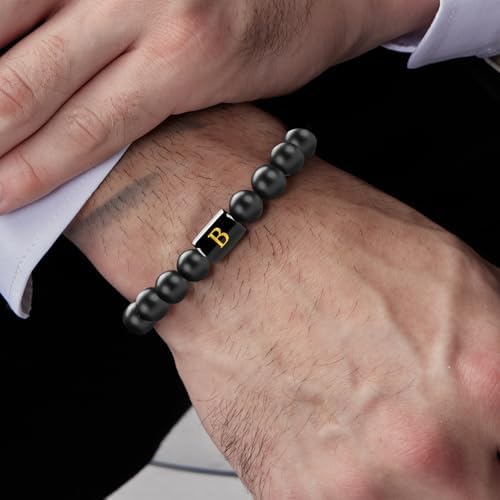 Bracelet Homme Avec Initiales En Pierre Naturelle - Onyx Noir Et œil De Tigre Jaune - Perles De 10 Mm, Tressé à La Main - Personnalisable