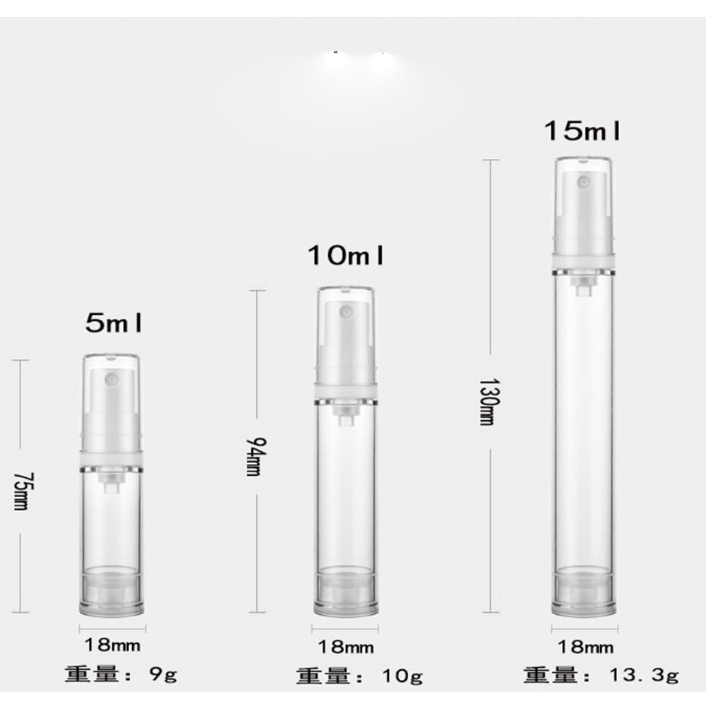 50 szt., 5 ml, 10 ml, 15 ml, butelka z pompką bezpowietrzną, mini, puste, przezroczyste butelki z pompką próżniową, do wielokrotnego napełniania, przezroczyste pojemniki na balsam z podkładem do