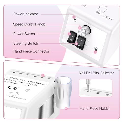 Jiasheng Electric Nail Drill, 30000rpm Professional Nail Drill Machine, Compact Electrical Nail File Kit for Acrylic Gel Nails Efile Drill for Manicure and Pedicure Salon Use White by JIASHENG - Image 2
