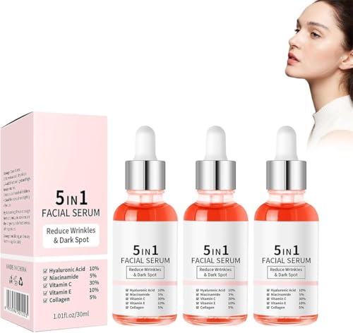 Sérum vitamínico para la piel, sérums reafirmantes antiarrugas 5 en 1, esencia reafirmante y tensora con ácido hialurónico, nutritiva e hidratante, reduce las líneas de expresión