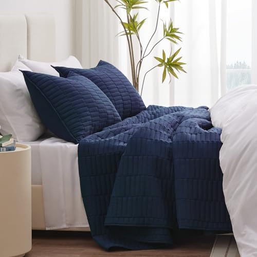 EXQ Home Quilt Set Full/Queen Size Navy 3 Piece,Lightweight Soft Coverlet Modern Style Stitched Quilt Pattern Bedspread Set for All Season(1 Quilt,2 Pillow Shams)