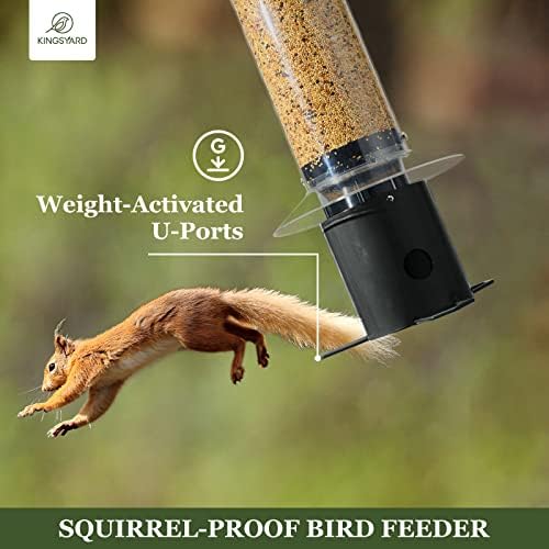 Kingsyard Squirrel-Proof Bird Feeder w/3 Feeding Ports, Heavy Duty Metal Tube Birdfeeder for Wild Bird, 5LBS Mixed Seed Capacity, w/Hanger, Black