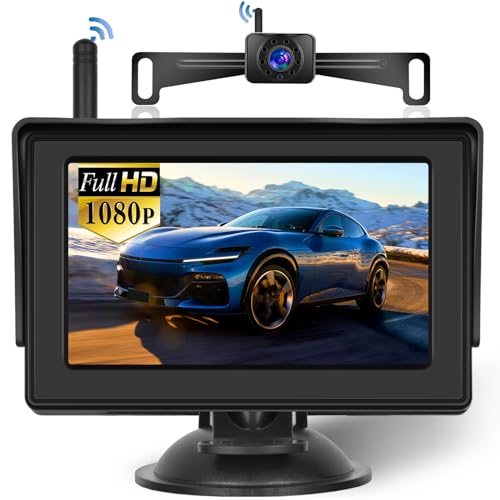 Hikity Wireless Backup Camera System 4.7 Inch Car Monitor Kit HD 1080P License Plate Rear View Camera, Digital Stable Signal, Night Version, IP68 Waterproof, Reverse Camera for Cars