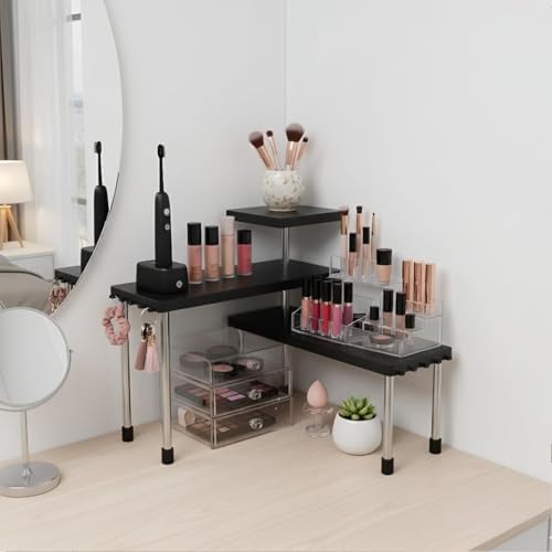 Image of JD FRESH 3 Tier Stylish ABS Plastic Rack for Kitchen Organizer /Countertop Stepped Spice Storage Stand /Space Saver Corner Stand for Kitchen Ornaments Bathroom & Office (Black)